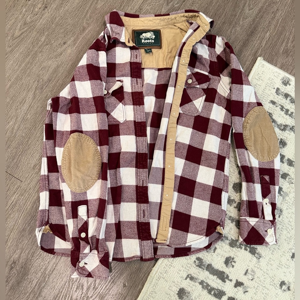 Roots Burgundy and White Checkered Shirt with Tan Patches